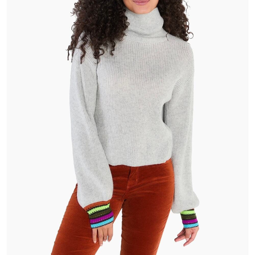 Lisa Todd Womens Large Gray Cashmere Wool Pullover Sweater Boho Stripe Cuff